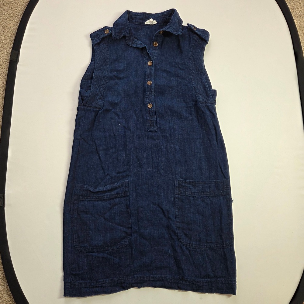 A Loves A Womens XS Indigo Ramie Cotton Sleeveless Utility Shift Dress Pockets